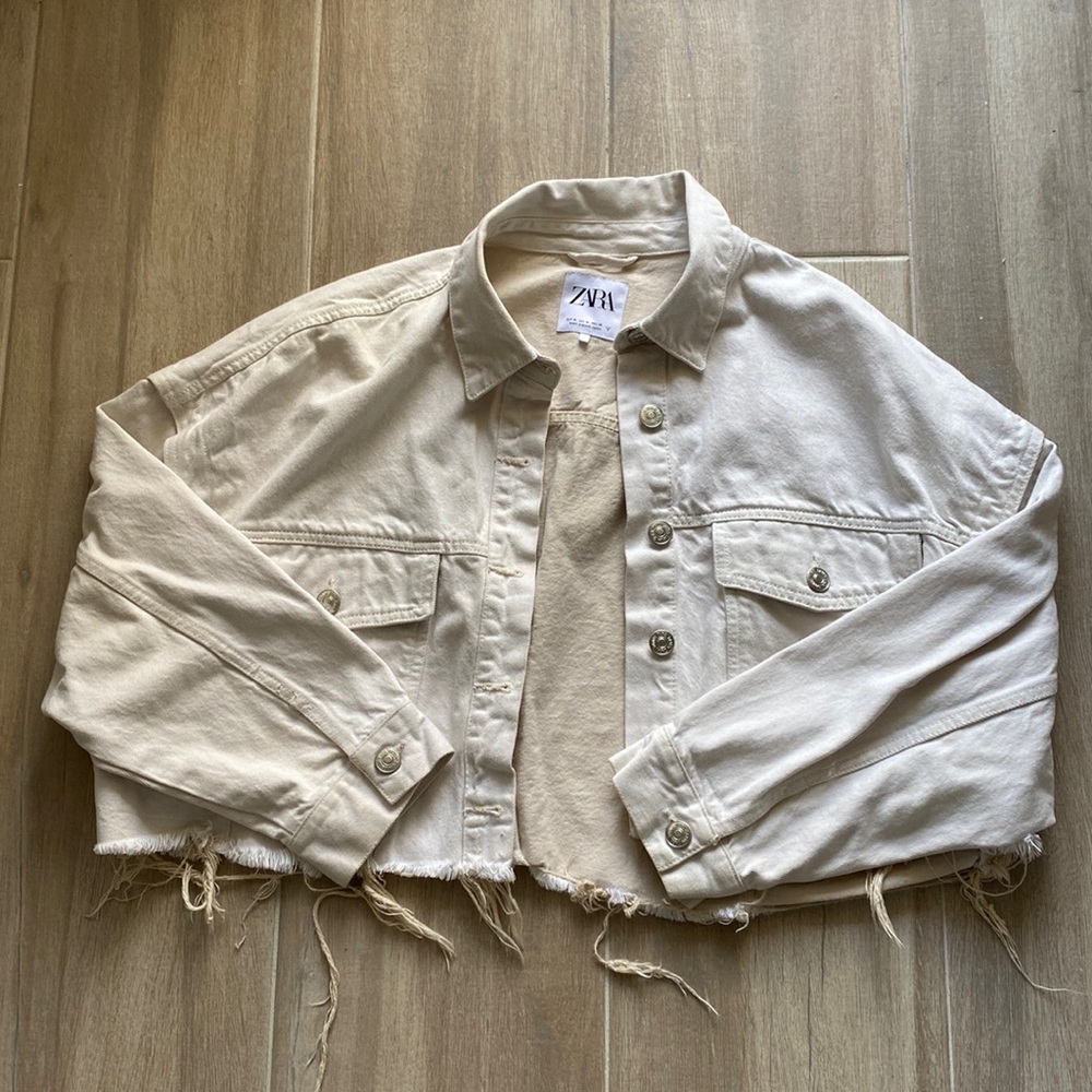 Zara off white cropped and frayed jean jacket